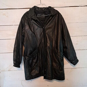 Jaqueline Ferrar  Leather Jacket Coat Black Size Large Mid Length
